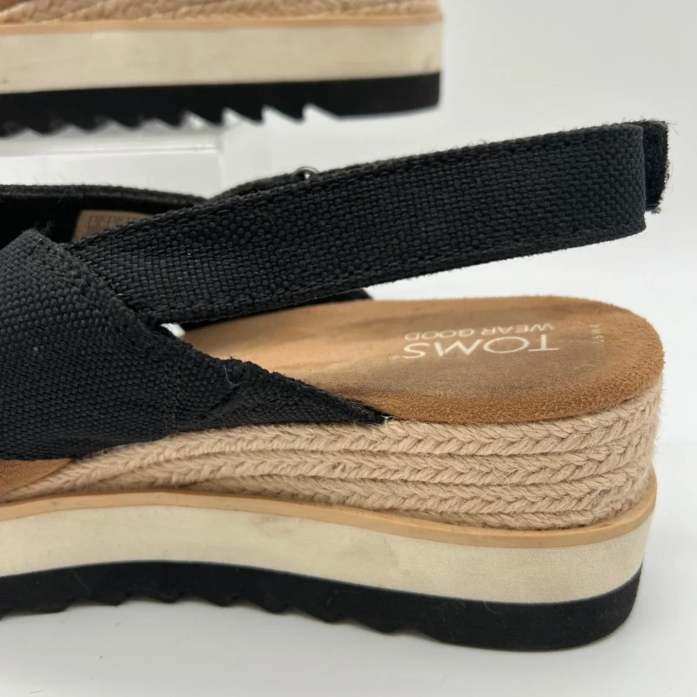 TOMS Dianna Crossover Platform Espadrille Wedge Sandals 8 Black Slingback Canvas